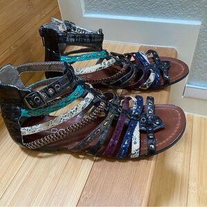 Aldo Black Multi-Striped Gladiator Sandals with Turquoise Accents